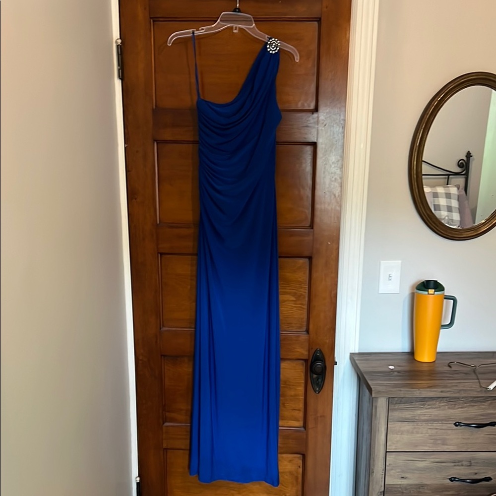 Ralph Lauren Asymmetrical Blue Gown for Wedding Guest